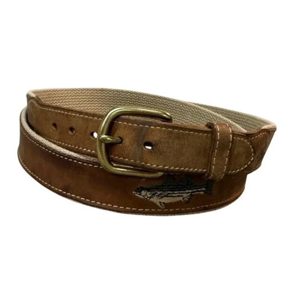 Embroidered Quality Brown Leather Canvas Belt Brass Buckle Size 44